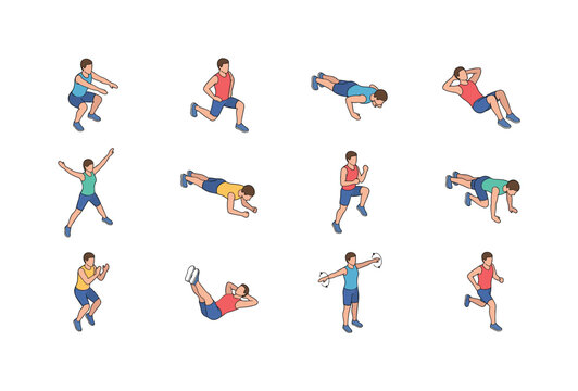 Workout exercises including squats, lunges, push ups, sit ups, jumping jacks, plank position, high knees, mountain climbers,