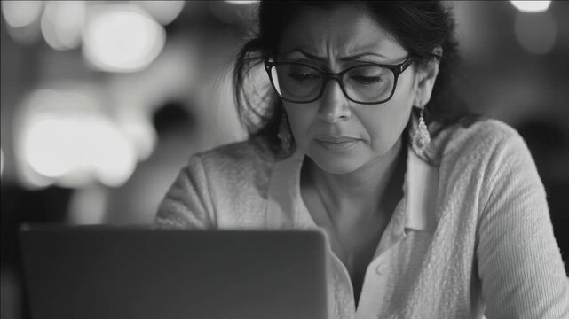 A focused businesswoman working on her laptop in an office environment.
