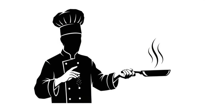 Chef holding a frying pan with steam rising.