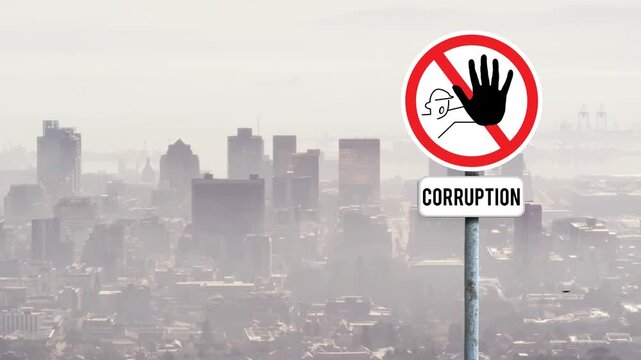 Animation of stop curruption sign board against aerial view of cityscape
