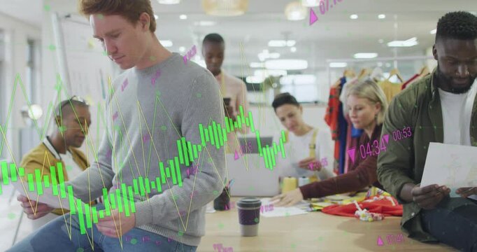 Animation of multiple graphs with changing numbers over diverse coworkers working in office