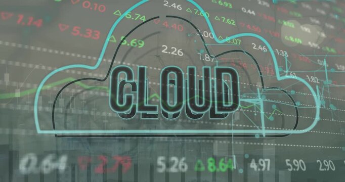 Animation of cloud text in cloud, graphs, trading board over fog covered modern city