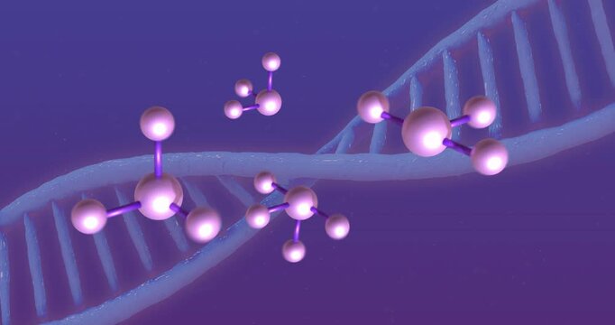 Animation of floating molecules over dna chains on purple background