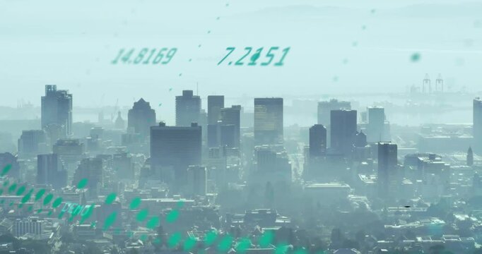 Animation of diagrams and data processing over cityscape