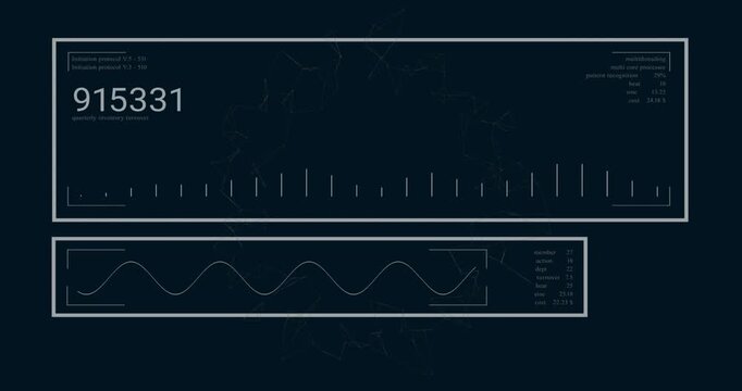 Animation of data processing over diagrams on black background