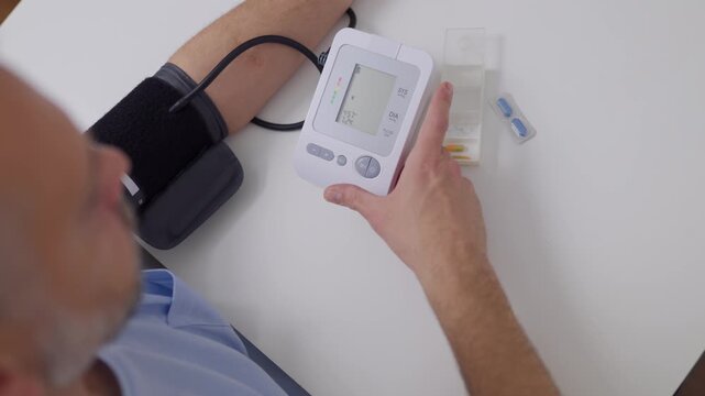 High angle shot of a middle aged man using a digital tonometer to measure blood pressure at a desk with medication nearby.