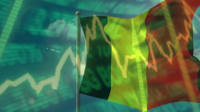 Waving Senegal flag with stock market data overlay in financial animation