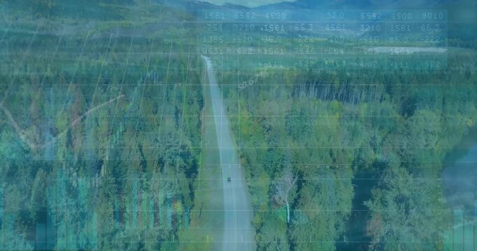 Car traveling rural road cutting forest beside pond under floating gridlines and telemetry charts