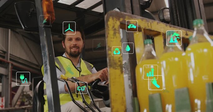 Forklift operator grabbing levers moving pallet in supply chain hub, CO? icons monitoring metrics