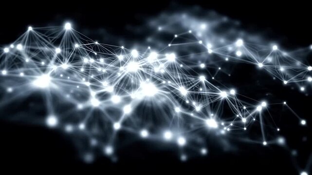 Glowing white network connections on black background.