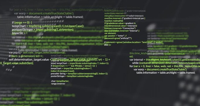 Green code bands fading in starting zooms while dot-map and code blocks shifting, visualizing data