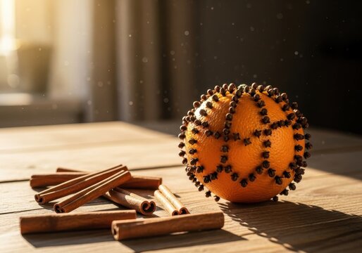 Decorative orange pomander with cloves and cinnamon on rustic wooden table