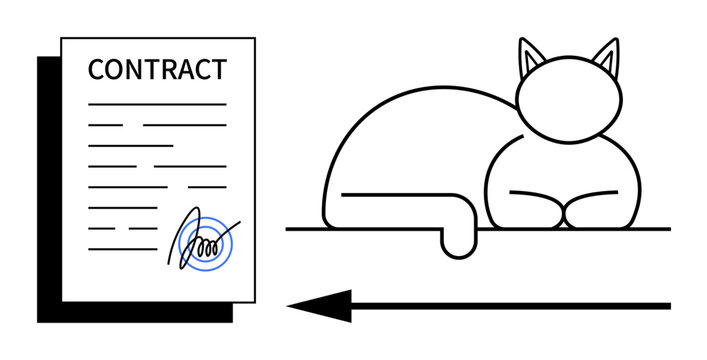Contract concept. A signed legal contract paper with a lounging cat in minimal line art. Contract blend legality and simplicity. For business, legal agreements, contracts, pets, minimalism