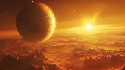 Alien Planet Sunrise Over Clouds.