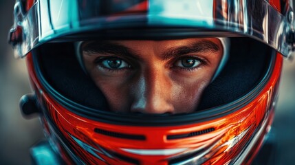 Obraz premium Close-up Portrait of a Determined Formula 1 Racer in Helmet.