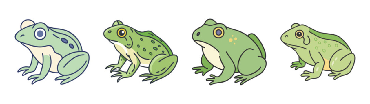Four colorful frogs in different poses and shades of green sitting