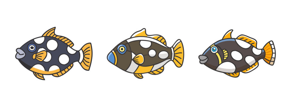 Three cartoon fish with orange fins and white spots on body swimming in different directions