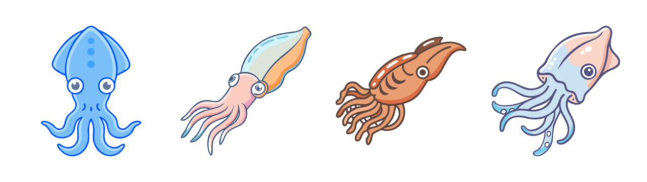 Colorful illustration of four squid and octopus sea creatures in various shades of blue, pink, and orange
