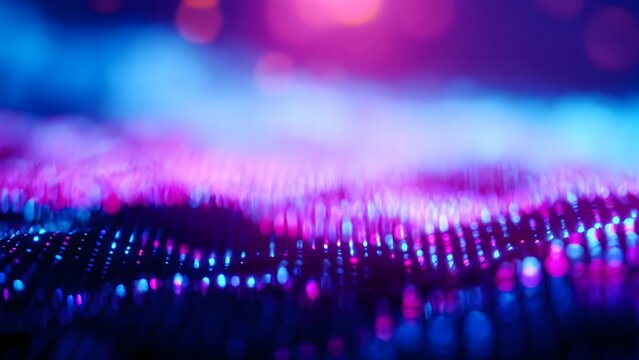 Abstract digital landscape featuring glowing blue and purple particles, symbolizing complex data flow and wave patterns for modern marine science and oceanography research analysis.