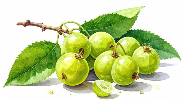 Watercolor illustration of Indian gooseberries on a branch with leaves artistic fresh amla fruit still life healthy eating concept
