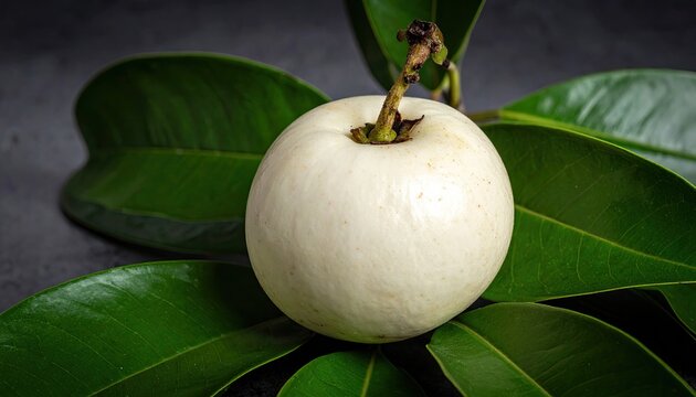 Fresh white velvet apple on leaves showing vibrant green color a studio shot with focus on fruit detail perfect for food advertising and culinary design