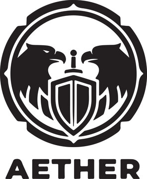 Bold graphic logo featuring two fierce eagles flanking a central shield and sword with Aether text below.
