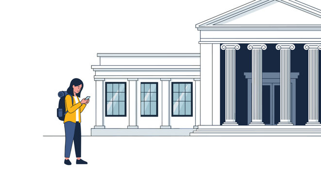 A woman with a backpack and yellow jacket looks at her smartphone in front of a classical building.