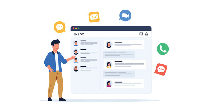 A man gestures towards an email inbox displayed in a browser window surrounded by communication icons on a white background.