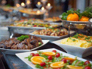 Fototapeta premium Buffet service presenting a wide selection of hot and cold meals for a celebratory event