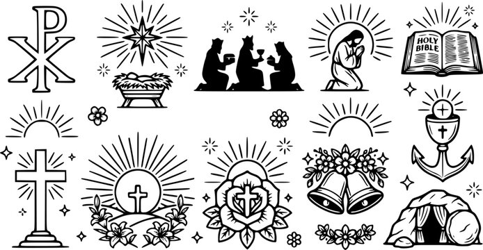 Minimalist black and white vector icons set with religious symbols, nativity scene elements, praying figure, and christian motifs