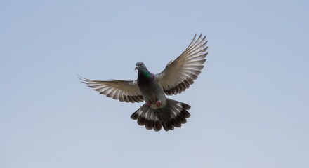 Fototapeta premium Graceful pigeon soaring mid-air against a clear blue sky