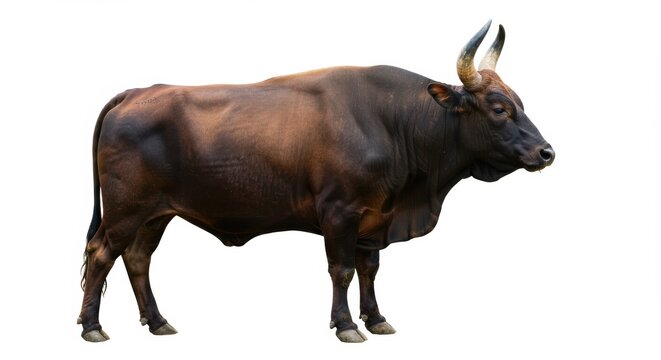 Majestic gaur standing against white background