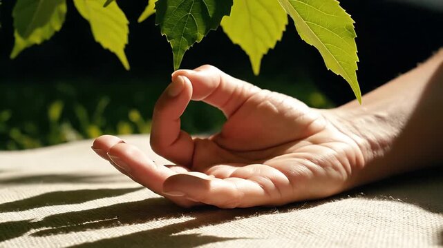 Close up of a hand performing a meditation mudra under green leaves outdoors
