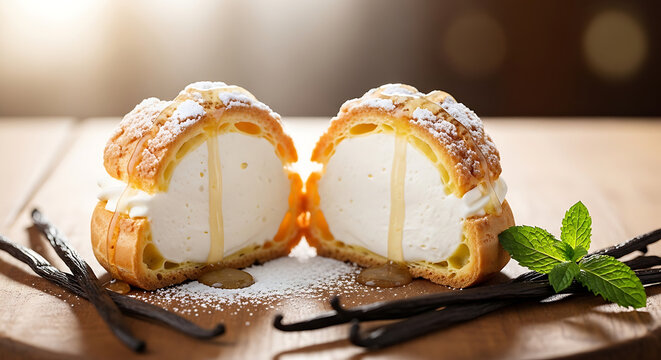 Delicious Cream Puff Halved, Filled with Vanilla Ice Cream and Drizzled with Sauce