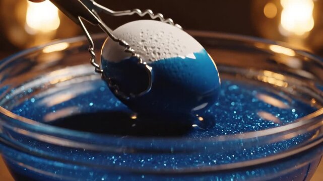 Cinematic close up of a white egg being dipped into sparkling blue glitter liquid.