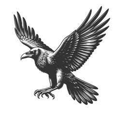 Fototapeta premium raven in flight with wings spread, showcasing feathers, motion, and dramatic gothic wildlife style sketch engraving generative ai vector illustration. Scratch board imitation. Black and white image.
