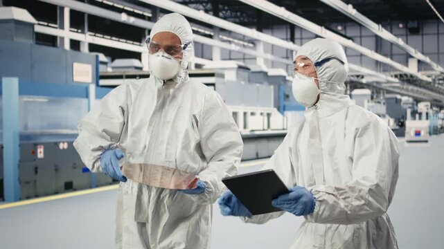 Analyzing delicate electronic component, semiconductor and multiracial technicians in factory cleanroom. Monitoring silicon wafer manufacturing yields, bunny suit and teamworking coworkers, camera A