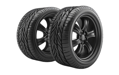 Obraz premium Two realistic, modern, black alloy wheel and tire assemblies are shown stacked closely together highlighting tread pattern and rim design&nbsp;