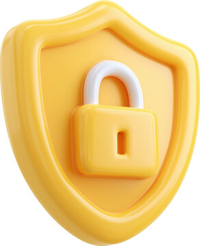 3d cute cartoon yellow security shield with padlock for data protection isolated on transparent background.