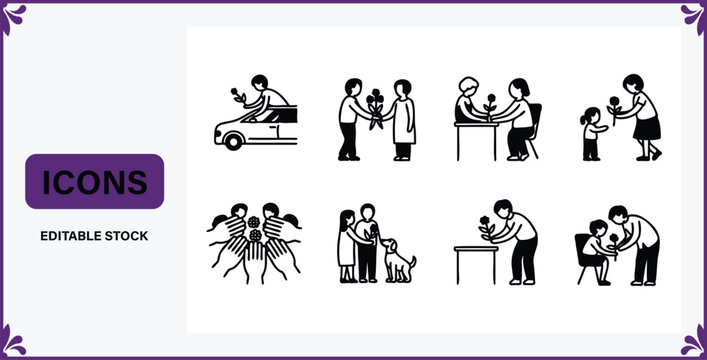 Set of eighte ditable icons depictingvarious human relation ships and interactionsin black and white illustrations
