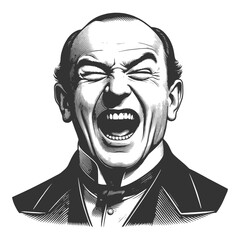 bald man shouting with eyes closed, showing strong emotion, tension, and dramatic facial expression sketch engraving generative ai vector illustration. Scratch board imitation. Black and white image.