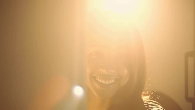 Smiling woman peeking through partially open door portrait. intimate joy and warm light peeking