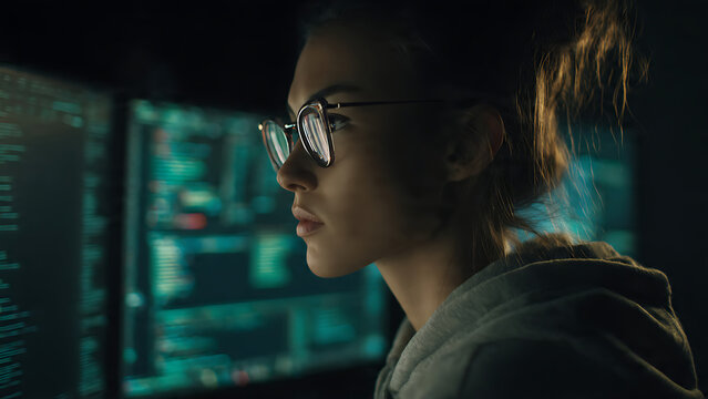 Focused Woman Coder Analyzing Computer Code in Dark Room, Technology Workspace, Side View Portrait, Programming Concept