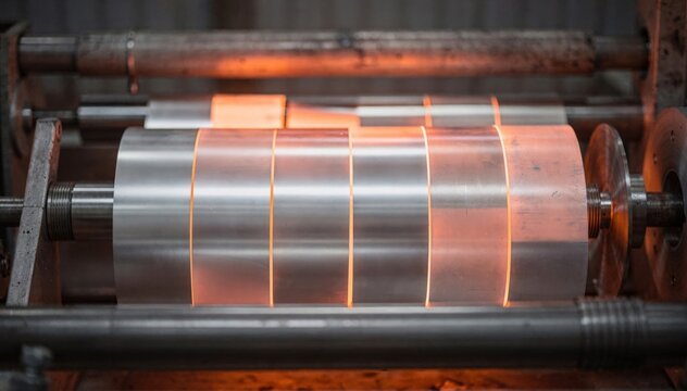 Medium shot capturing thin foil coils heated under a protective atmosphere ensuring highquality annealing while preventing oxidation during the softening process.