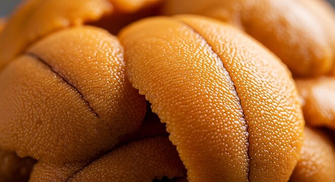 Close-up of fresh, vibrant orange sea urchin gonads (uni) in a pile, ready for sushi