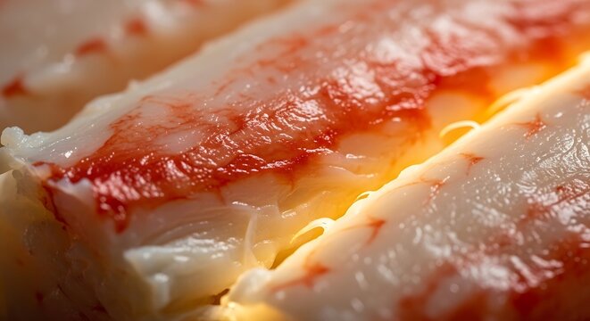 Close-up of succulent crab meat, showcasing delicate texture and vibrant red streaks