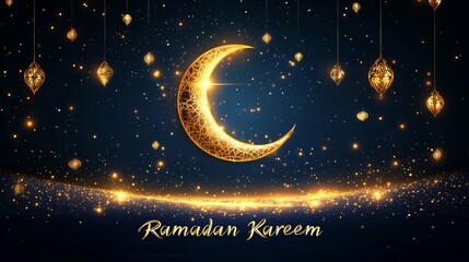 Fototapeta premium Premium Ramadan Kareem greeting card design featuring crescent moon and hanging lanterns on deep blue background