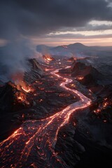 Fototapeta premium An aerial view of a volcanic landscape at twilight, with molten lava flowing into the ocean and mountains in the background. The sky is illuminated with a mix of dark and light hues.