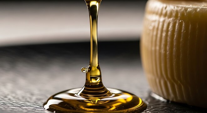 Golden Honey Drips and Pool on Dark Surface with Honeycomb Background