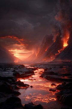 A breathtaking digital artwork of a volcanic landscape at sunset, with molten lava flowing into a body of water surrounded by rocky terrain. The sky is painted with fiery oranges, reds, and purples.